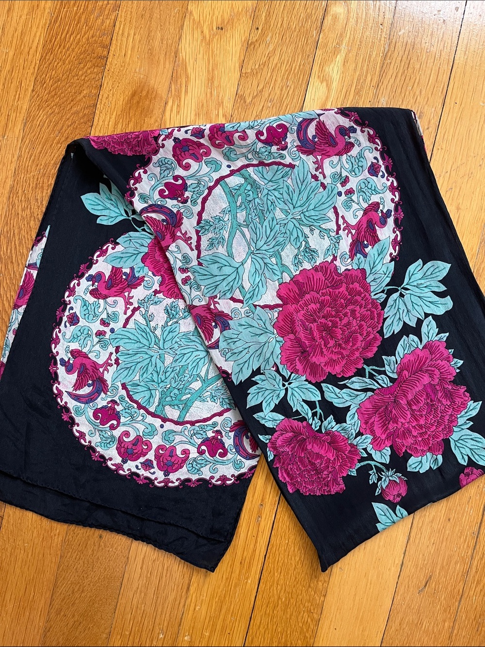 Ginnie Johansen Inc. 100% Silk 1989 Vintage 80s Teal Magenta Pink & Black Scarf - Picture 12 of 13